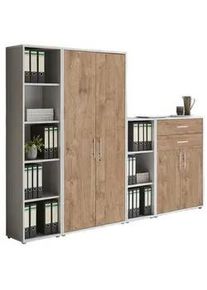 Mid.you Aktenschrank , Grau, Eichefarben , Holzwerkstoff , 11 Fächer , 2 Schubladen , 257x185.6x33 cm , Made in Germany , Büromöbel, Büroschränke, Aktenschränke