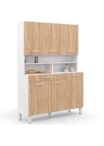 Buffet de cuisine 120 cm cina 6 portes + tiroir blanc et façon hêtre