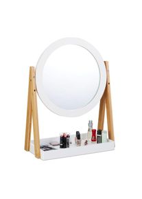 Relaxdays - Miroir à cosmétique, rotatif, avec rangement pour maquillage, miroir de table ∅ 32,5 cm, bambou, blanc-naturel