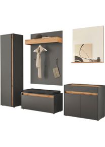 Inosign Garderoben-Set »GIRON/ CiTY, Garderobe in Wotan Eiche, moderner Garderobenschrank«, (Komplett-Set, 5 St.), enthält Schrank, Kommode, Spiegel, Paneel & Schuhbank +Sitzkissen