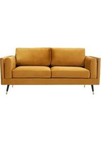 Miliboo Design-Sofa 2/3-Sitzer in gelben Samtstoff, dunkles Holz und goldfarbenes Metall STING