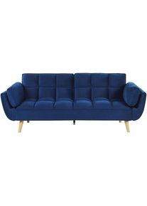 Beliani Canapé Lit Clic Clac Convertible 3 Places en Velours Bleu Marine avec Pieds en Bois Idéal pour Salon ou Chambre d'Amis Style Rétro Scandinave