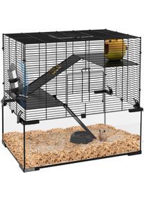 PawHut Cage rongeur hamster, 3 niveaux avec roue, rampes, maisonnette, abreuvoir, mangeoire, 60L x 40l x 57H cm, noir