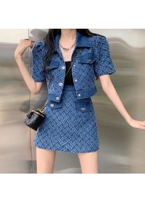 Small Fragrant Style Denim Skirt Suit Summer New Women's Stylish Skirts 2 Pieces Sets Women Outfits Two-piece Ladies Outfit Set