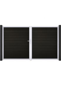 Portail double GroJa Solid pour clôture à lames emboîtables, couleur noir co-extrudé, DIN gauche, argent EV1