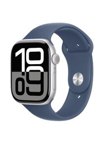 Smartwatch Apple Watch 10 GPS Cellular, Carcasa Silver Aluminium 46mm, ecran LTPO OLED, 64GB, curea silicon Denim Sport Band - M/L (Argintiu/Albastru)