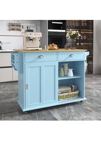 Desserte/bahut, 112x40(70)x94 cm, bleu, plan de travail rabattable aspect bois massif, avec porte de rangement, roulettes & pieds interchangeables en