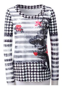 Dames Shirt met lange mouwen en pied-de-poule-patroon in zwart/rood geprint ,maat 36, WITT, 95% Polyester, 5% Elastan