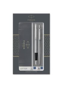 Parker Jotter Duo-Geschenkset mit Kugelschreiber und Füller | Edelstahl mit Chromzierteilen | Nachfüllmine und -patronen mit blauer Tinte | Geschenkbox