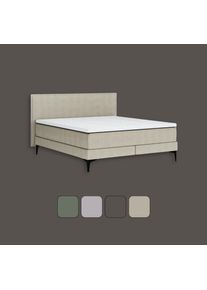 EMMA Elite Boxspringbett 160x200 - beige - Kopfteil gestreift - Füße Holz