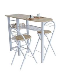 Table haute de cuisine de bureau de style nordique en bois blanc et clair avec 2 tabourets pliants 40x88x120 cm