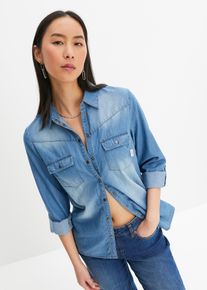 Jeansblus med tryckknappar l&aring;ng&auml;rmad - bl&aring; - storlek 42 - bonprix