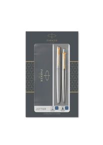 Parker Jotter Duo-Geschenkset mit Kugelschreiber und Füller | Edelstahl mit Goldzierteilen | Nachfüllmine und -patronen mit blauer Tinte | Geschenkbox