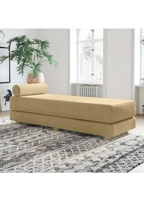 Daybed Sofa Bed Queen Size Mattress Convertible Sleeper with Adjustable Bolster Pillow Solid Maple Feet Velvet Cover Camel Color