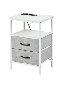 Table de Chevet avec 2 Tiroirs Tissus Table d'appoint Petit Meuble de Rangement, Avec 2 prise de courant et 2 prises usb, 40 x 30 x 60 cm--Blanc