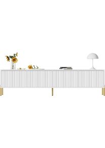 Meuble tv blanc, 190 cm de long x 38 cm de large x 48 cm de haut, pieds de table dorés, design de porte rainurée