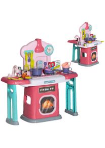 AIYAPLAY Kids Play Kitchen, 45 Pieces Kids Kitchen w/ Light, Sounds, Spray Effect & Rotating Side Tables for 3+ Years, Pink | Aosom Ireland