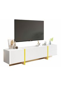 Meuble tv 190 cm 3 portes 2 tiroirs blanc avec grain doré et bois