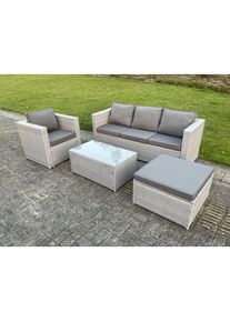 Salon de Jardin Ensemble 5 places Ensemble de canapé en rotin ave Canapé 3 places Fauteuil Table basse Carrée Grand Tabourets Gris Clair - Fimous