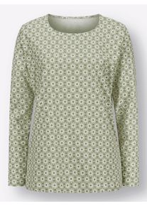 Dames Shirt met lange mouwen in minimalistisch dessin in rietgroen/ecru bedrukt ,maat 38, WITT, 100% Katoen