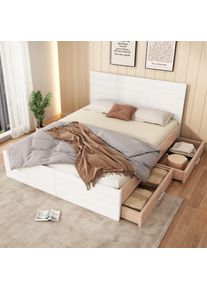 Système de lit double en bois 140×200cm avec 2 tiroirs, lit moderne comprenant cadre de lit et sommier à lattes 207×80×145cm (l×h×l) en chêne/blanc