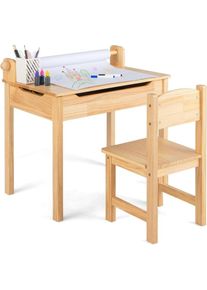 Costway Bureau Enfants avec Tabouret & Plateau Rabattable, Table à Dessin en Pin Polyvalent avec Rouleau de Papier & 2 Marqueurs, Espace Caché, Poignées