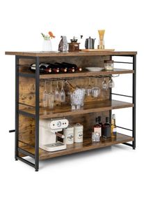 Lot central industriel table de bar à 4 niveaux avec 3 étagères ouvertes casier à vin et supports pour verres à pied repose-pieds marron rustique