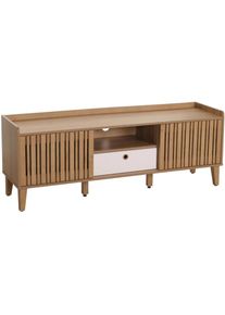 Meuble tv porte coulissante 3 compartiments de rangement bois de manguier 56 x 150 x 40 cm tiroir blanc 040007870