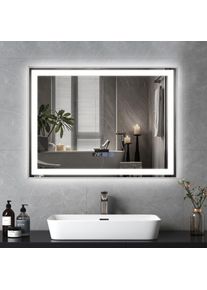 Puluomis Miroir de salle de bain 80×60cm , Avec éclairage LED réglable , Miroir cosmétique lumineux de grande taille, Miroir mural , 3 couleurs de