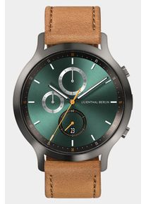 Men's Chronograph Watch - Dark Silver Green - Surgical Steel Case, Sapphire Glass, Lightbrown Leather Strap - Date Display - 42mm , Quartz Movement by
