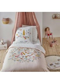 Parure de lit 2 pièces Enfant 1 personne Fille en coton 57 fils imprimé Licorne rose +2 Taies d'oreiller 63x63 cm avec Fermeture Boutons