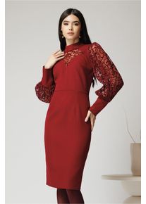 Rochie Ella Collection Kira eleganta din stofa burgundy cu detalii catifelate pe maneci