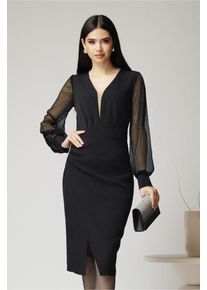 Rochie Ella Collection Nora eleganta din stofa neagra cu maneci din tull si lurex