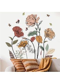 Sollbry - Stickers Muraux Fleur de Jardin Boho Autocollants Muraux Mural Stickers Floral Aquarelle Herbe Plante pour Chambre Salon Mur tv