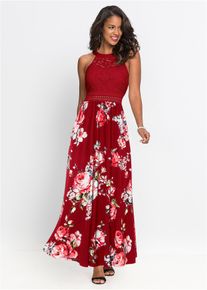 Robe longue estivale avec imprimé floral et empiècement dentelle - rouge - taille 38 - bonprix