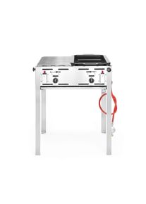 ich-zapfe Bakplaat gas, Gastro grill - met verchroomd rooster en geëmailleerde koekenpan, 290x480 mm, elektronische ontsteking, gasslang en drukregelaar