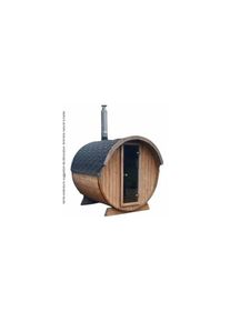 Tonneau Sauna d'extérieur en kit chaudière au bois COMPRISE, épicéa naturel , 2 à 4 personnes 2,20m x diam 1,96m / hauteur 2,15m shingle noir