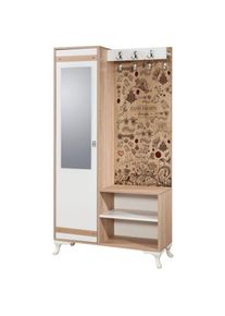 Meuble d'entré avec miroir Ayfara L100xH190cm Bois clair, Blanc et Motif Plantes et oiseaux