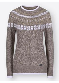 Dames Noorse trui met brede ribboordjes in donkertaupe/beige gemêleerd ,maat 40, WITT, 60% Polyacryl, 40% Katoen
