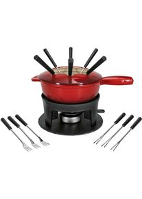 Fondue-Set two in one rot/schwarz Gusseisen 16teilig