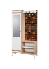 Meuble d'entré avec miroir Ayfara L100xH190cm Bois clair, Blanc et Motif Carreaux Multicolore