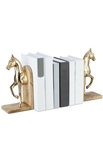 Relaxdays - Serre-livres en 2 pièces, chacune ornée d'un cheval, design élégant, h x l x p : 26,5 x 9 x 13 cm, nature/doré