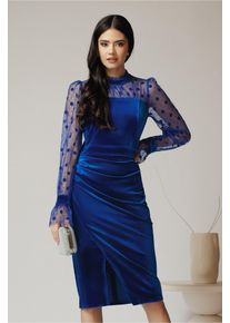 Rochie Ella Collection Adena eleganta din catifea albastra cu tull si buline pe maneci