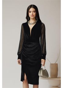 Rochie Ella Collection Nora eleganta din catifea neagra cu maneci din tull