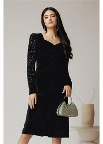 Rochie Ella Collection Elvira eleganta din catifea neagra cu paiete pe maneci