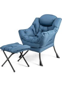 Fauteuil Salon avec Repose-Pieds Ottoman Pliant Charge 150KG+50KG-Pochette Latérale-Style Scandinave Bleu - Goplus