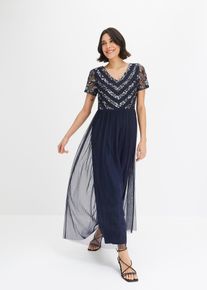 bonprix Mujer, Vestido largo con bordado de lentejuelas, azul, 50