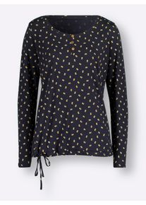 Dames Shirt met lange mouwen en bindstrik in marine/oker bedrukt ,maat 36, WITT, 50% Katoen, 50% Modal