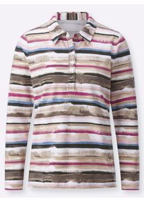Dames Poloshirt met lange mouwen in streepjesdessin in heide/donkertaupe gestreept ,maat 36, WITT, 95% Katoen, 5% Elastan