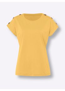 Dames Shirt met korte mouwen en knopen in hoornlook in geel ,maat 38, WITT, 100% Katoen